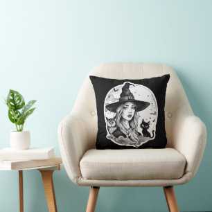 Witch with a Cat and an Owl - Halloween Fan Fun 1 Cushion