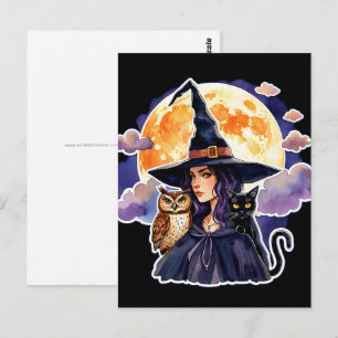 Witch with a Cat and an Owl - Halloween Fan Fun 2 Postcard