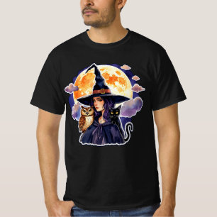 Witch with a Cat and an Owl - Halloween Fan Fun 2 T-Shirt