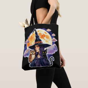 Witch with a Cat and an Owl - Halloween Fan Fun 2 Tote Bag