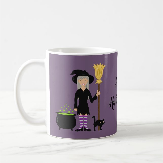 Witch With A Cat On Purple & Happy Halloween Text Coffee Mug (Left)