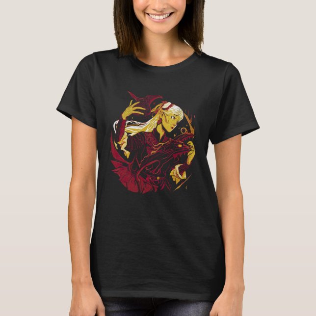 Witch with a dragon Fantasy creature Wiccan Wicca  T-Shirt (Front)