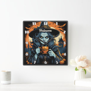 Witch with a potion on Halloween night Square Wall Clock