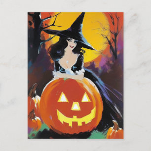 Witch with a pumpkin in front of a full moon postcard