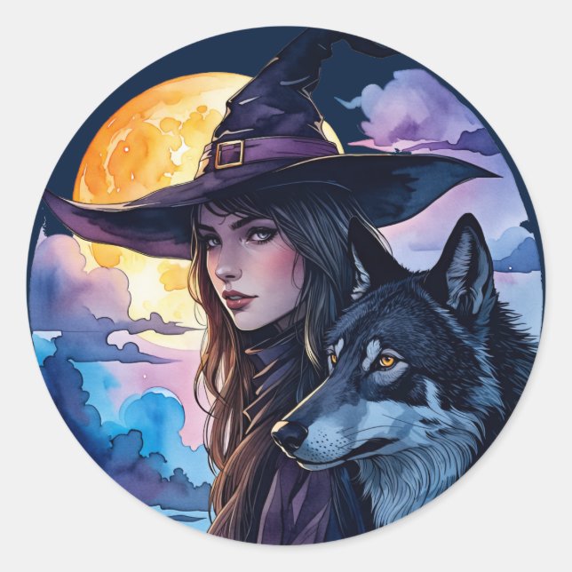 Witch with a Wolf - Halloween Fan Fun 1 Classic Round Sticker (Front)