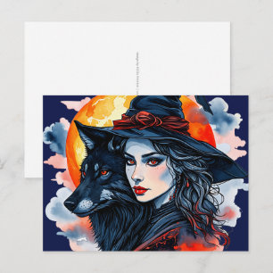 Witch with a Wolf - Halloween Fan Fun 2 Postcard