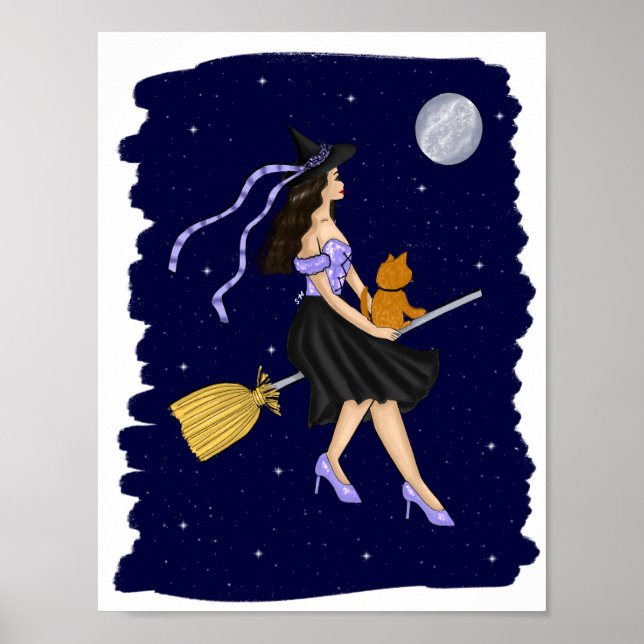 Witch with an Orange Cat on a Broomstick Poster (Front)