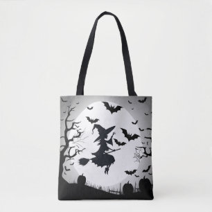 Witch With Bats Halloween Tote Bag - Eerie Theme 