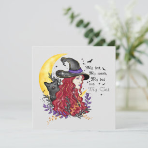 Witch with Black Cat and Crescent Moon