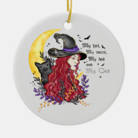Witch with Black Cat and Crescent Moon