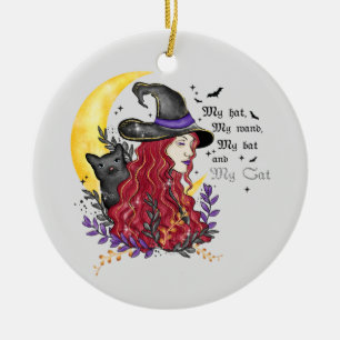 Witch with Black Cat and Crescent Moon Ceramic Ornament