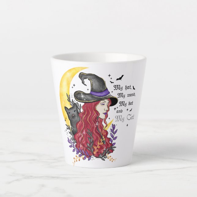 Witch with Black Cat and Crescent Moon Latte Mug (Front)