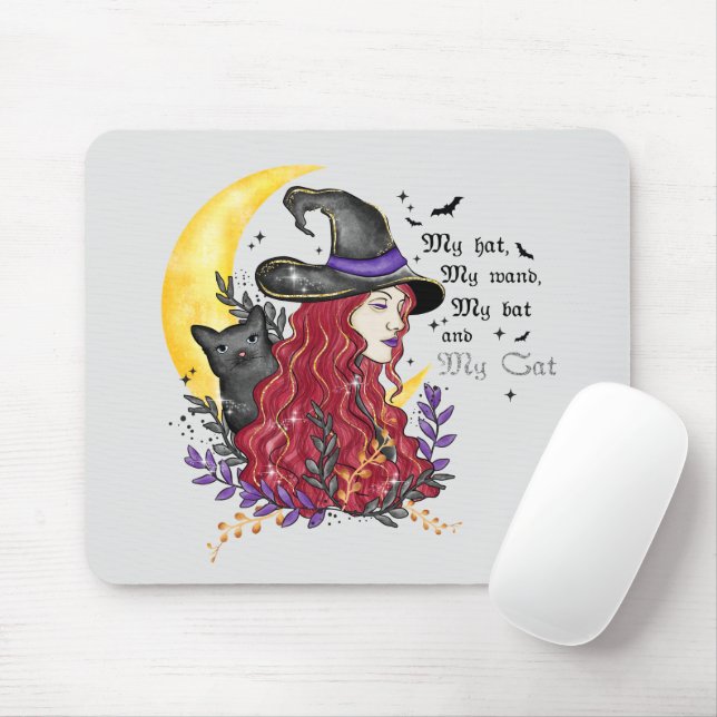Witch with Black Cat and Crescent Moon Mouse Pad (With Mouse)