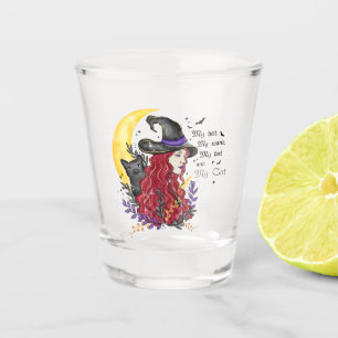 Witch with Black Cat and Crescent Moon Shot Glass