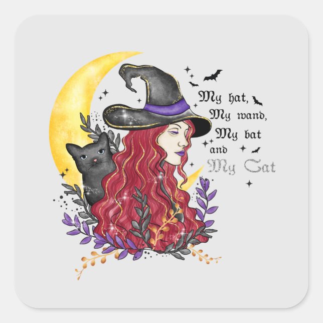 Witch with Black Cat and Crescent Moon Square Sticker (Front)