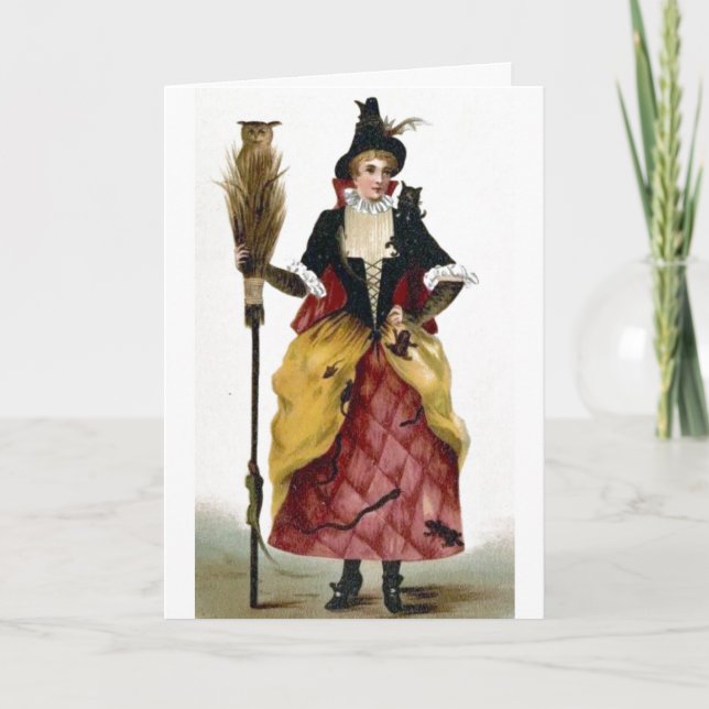 Witch with broom and owl card (Front)