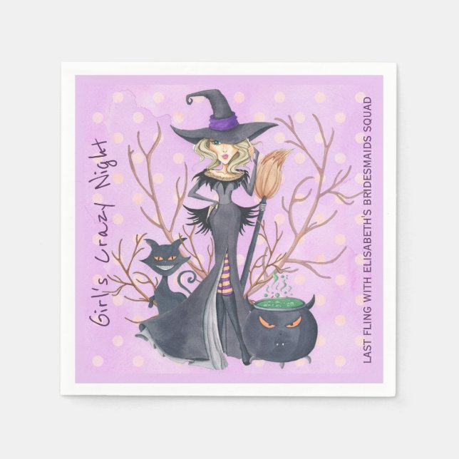 Witch with broom Halloween bachelorette party Napkin (Front)