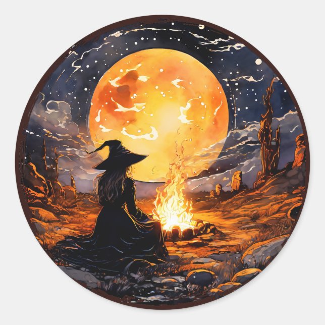 Witch with Candles and Fire - Wicca Halloween 1 Classic Round Sticker (Front)