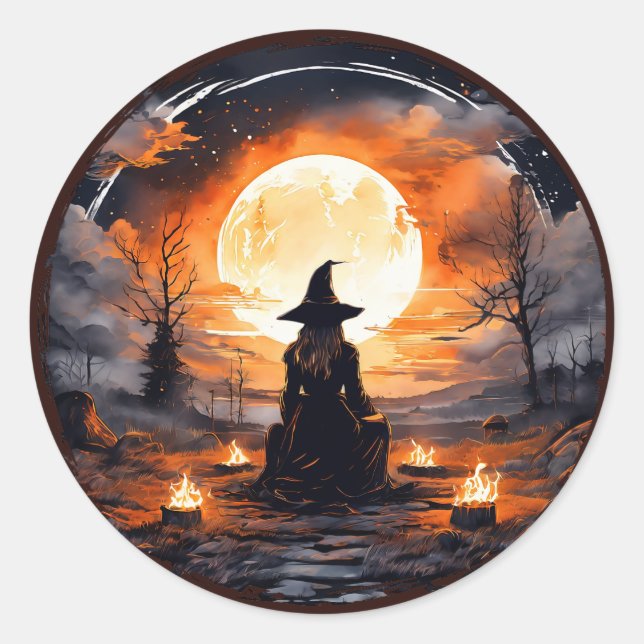 Witch with Candles and Fire - Wicca Halloween 2 Classic Round Sticker (Front)
