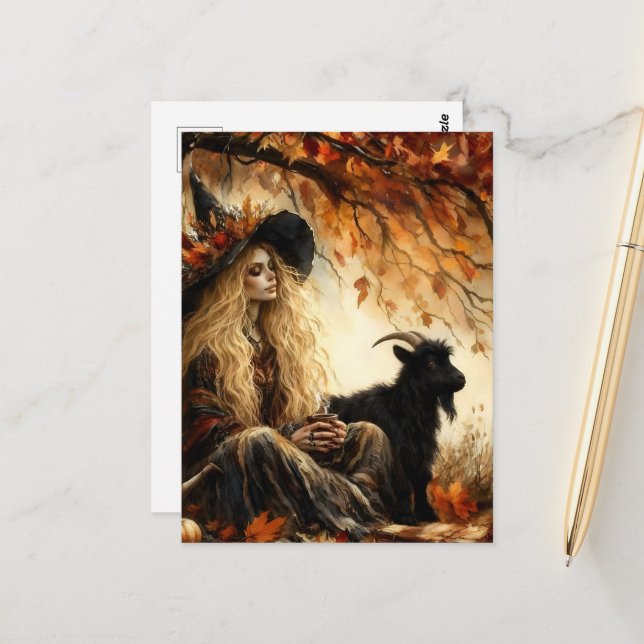 Witch With Coffee and Her Pet Black Goat in Autumn Postcard (Front/Back In Situ)