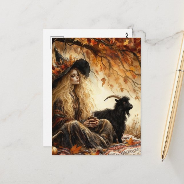 Witch With Coffee and Her Pet Goat in Autumn Postcard (Front/Back In Situ)