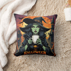 Witch with green skin sipping tea on Halloween Cushion