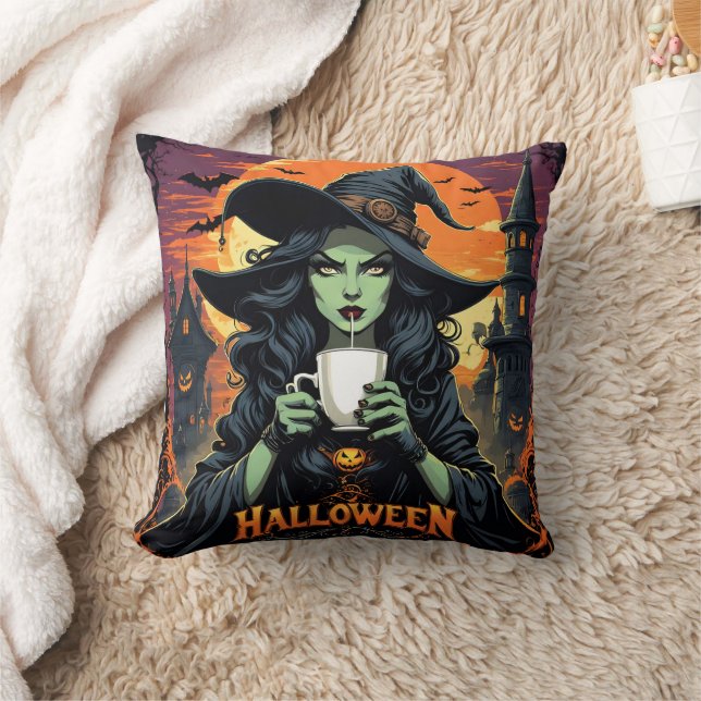 Witch with green skin sipping tea on Halloween Cushion (Blanket)
