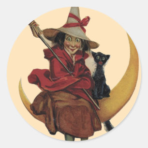 Witch with Her Cat on the Moon - Halloween Sticker