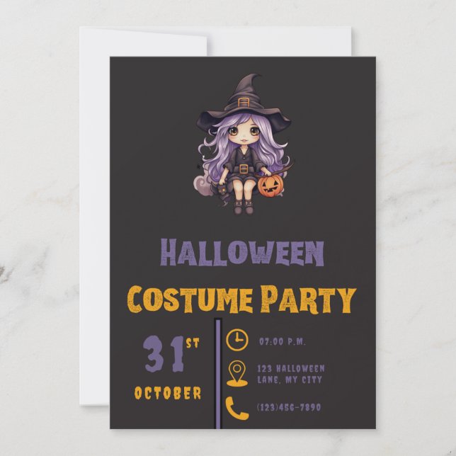 Witch With Jack-O' Lantern Black Halloween Invitation (Front)