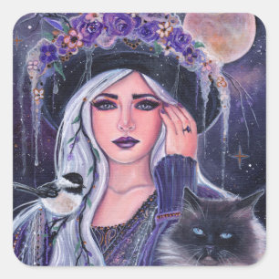 Witch with kitty labels by Renee Lavoie