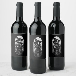 Witch with lantern Halloween Wine Label
