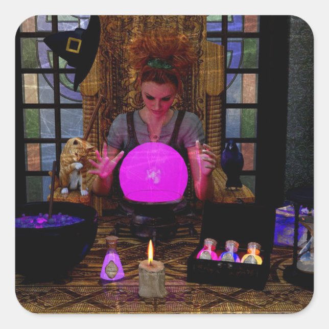 Witch with Magic Crystal Ball and Potions Stickers (Front)