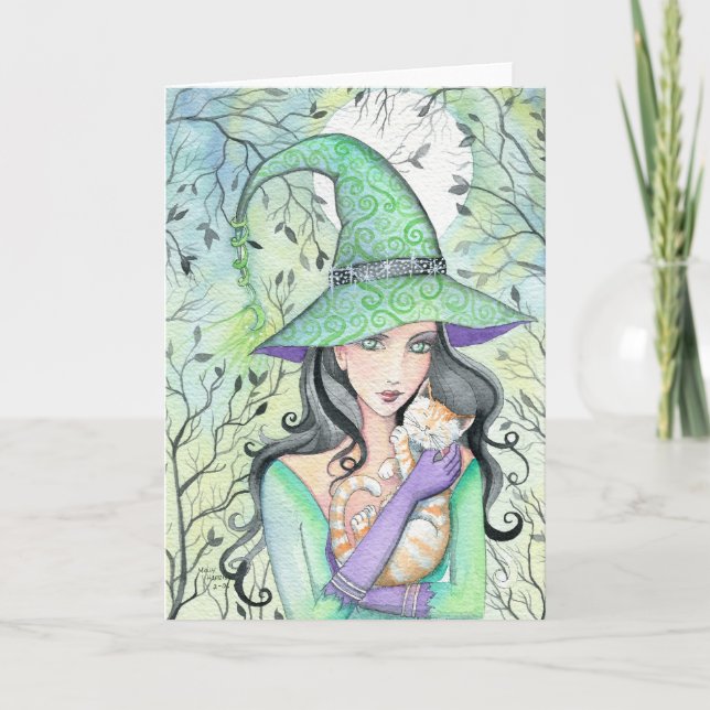 Witch with Orange Tabby Cat Card (Front)