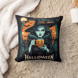 Witch with pumpkin mug on Halloween Cushion