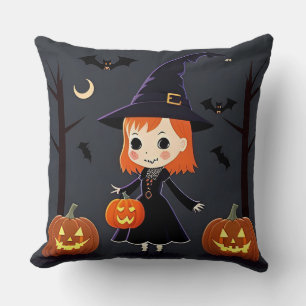 Witch With Pumpkins, Bats, and Spooky Decor Cushion