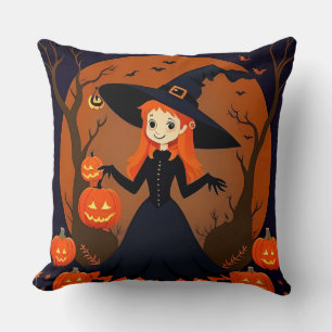 Witch With Pumpkins, Bats, and Spooky Decor Cushion