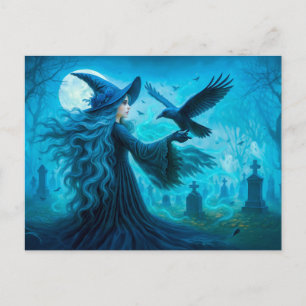 Witch with raven in moonlit graveyard holiday postcard