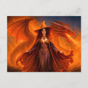 Witch with red dragon and blazing fire holiday postcard