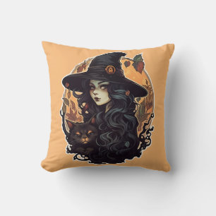 Witch with the black cat halloween cushion