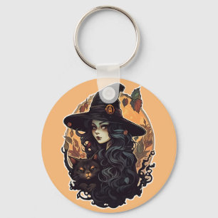 Witch with the black cat halloween key ring