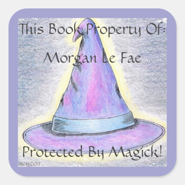 Witch Wizard Hat Bookplate Lavendar Border (Lg.) Square Sticker (Front)