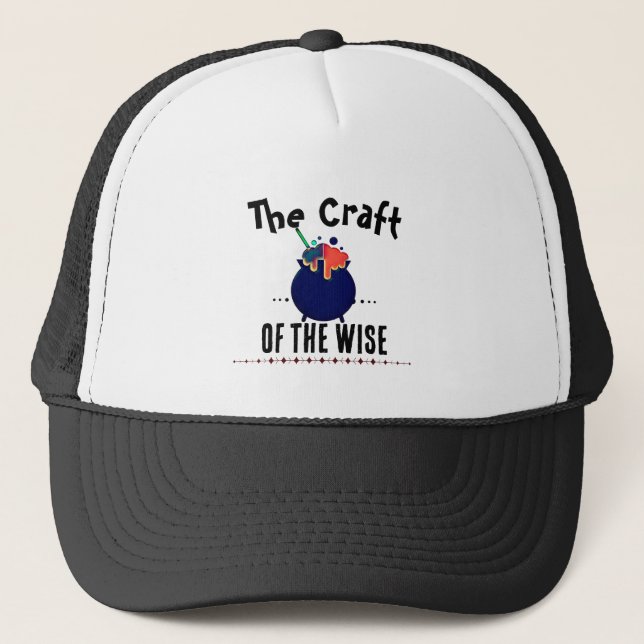 Witchcraft Cauldron Wise Quote Black Trucker Hat (Front)