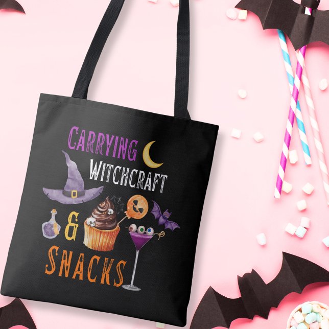 Witchcraft & Snacks Funny Halloween Tote Bag (Carrying Witchcraft and Snacks Halloween Tote Bag)