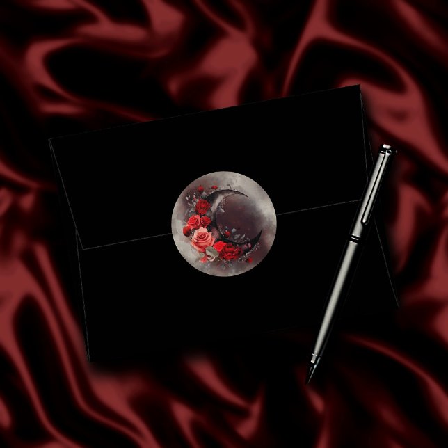 Witchery | Crescent Moon with Gothic Red Roses Classic Round Sticker (Creator Uploaded)