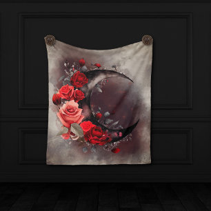 Witchery   Crescent Moon with Gothic Red Roses Fleece Blanket