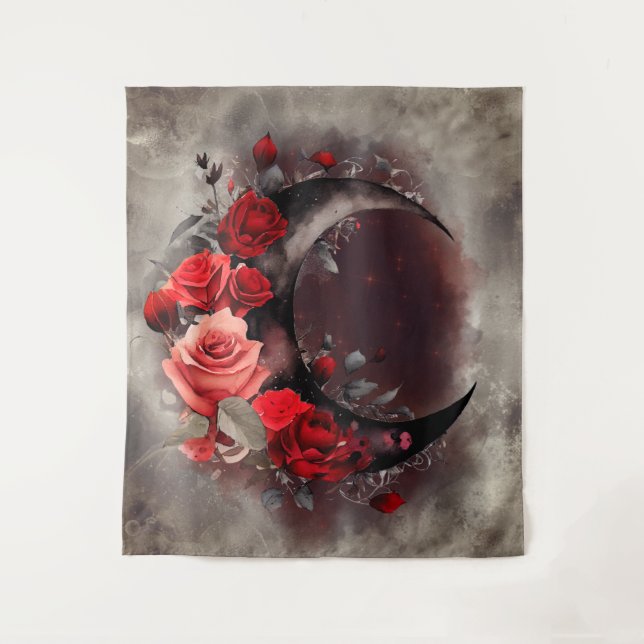Witchery | Crescent Moon with Gothic Red Roses Tapestry (Front)