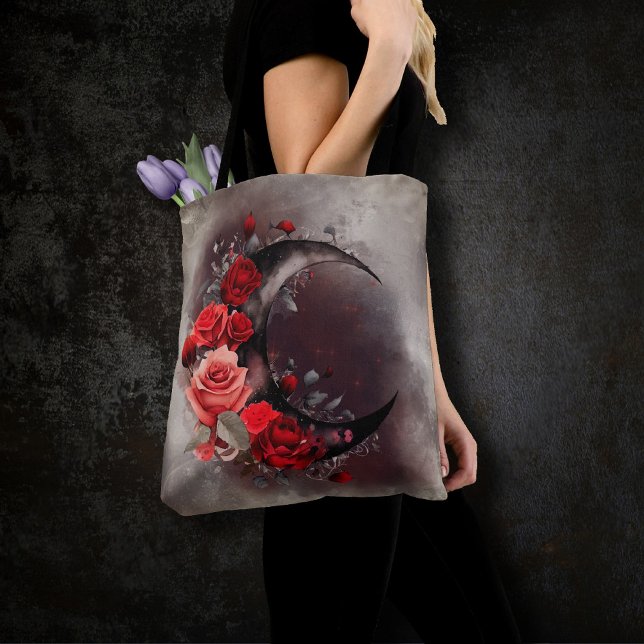 Witchery | Crescent Moon with Gothic Red Roses Tote Bag (Creator Uploaded)