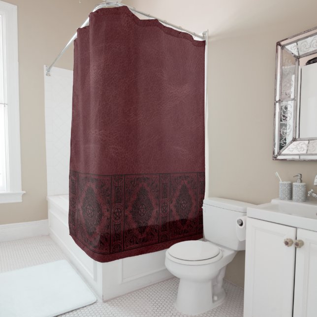 Witchery Flourish | Dark Red Fantasy Pentacle Shower Curtain (In Situ)