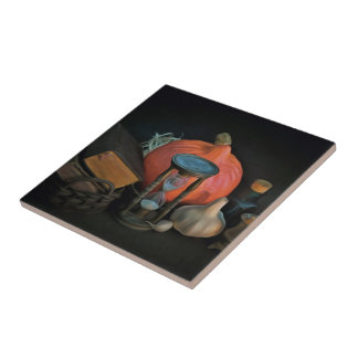 Witchery objects on a table in a dark room ceramic tile