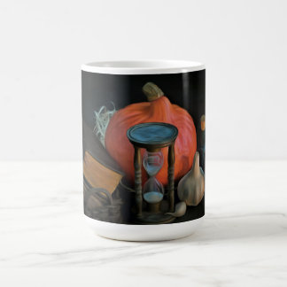 Witchery objects on a table in a dark room coffee mug